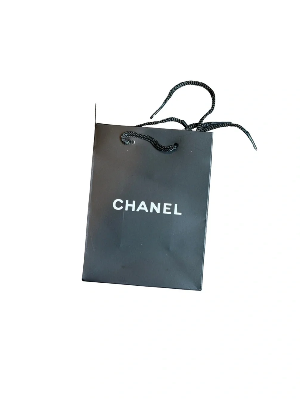 CHANEL Black Paper Gift Bag with White Logo and Rope Handles